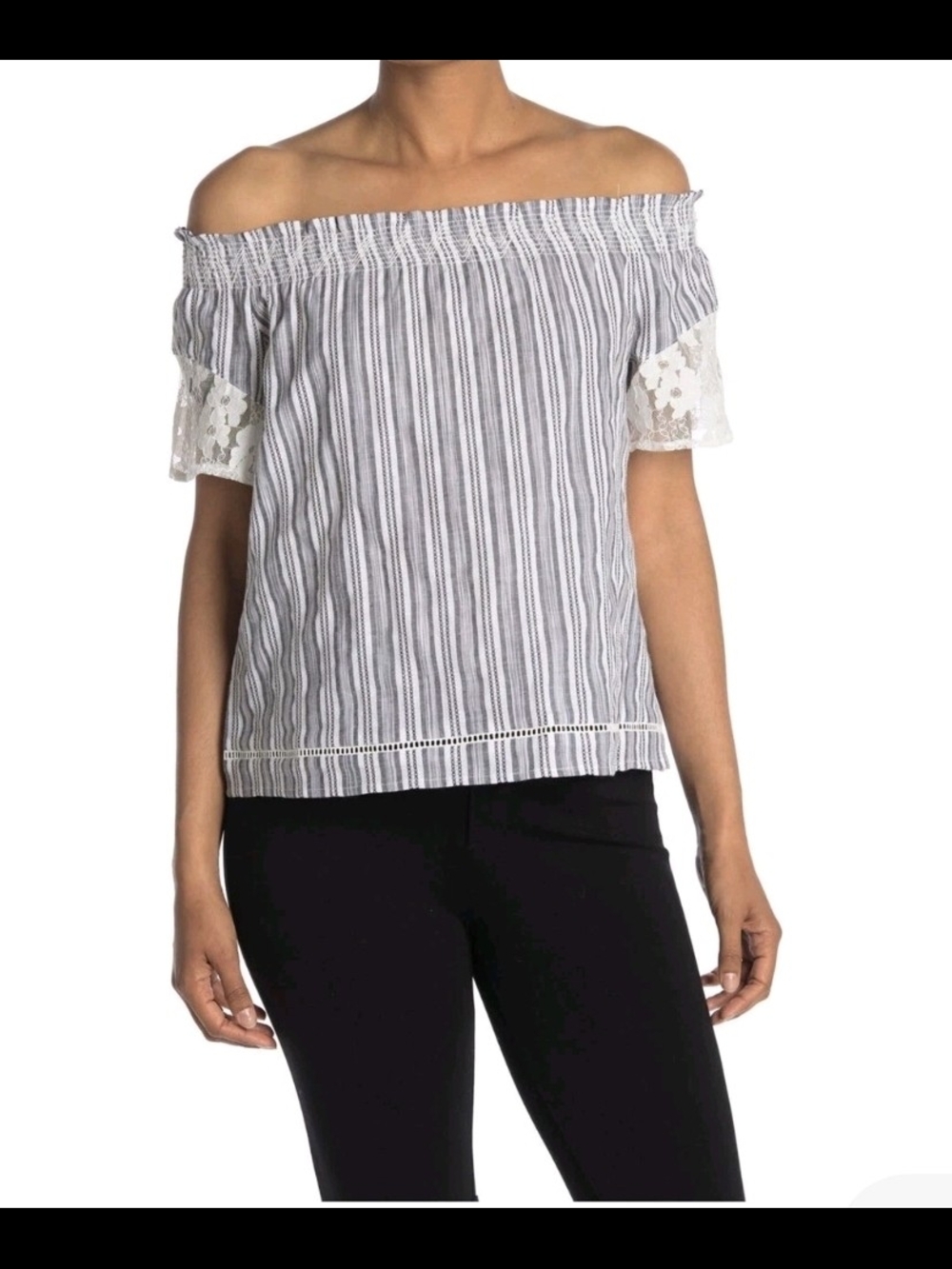 Laundry By Shelli Segal Striped Lace-Sleeve Top - White/black, Medium